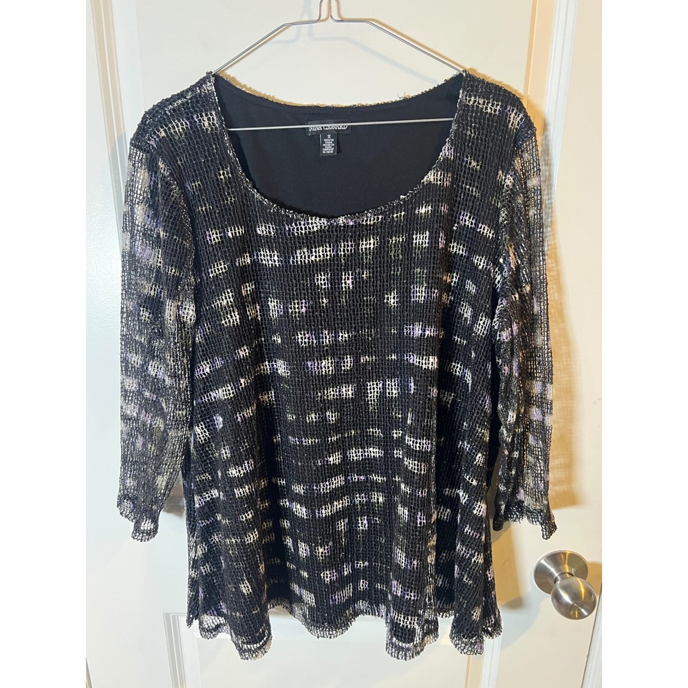 Nina Leonard Womens Mesh‎ Top Abstract Grid Print Black 1X